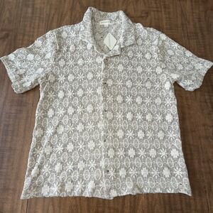 Morse‎ Code Mens Knit Crochet Button Up Short Sleeve Polo Size Medium Beige